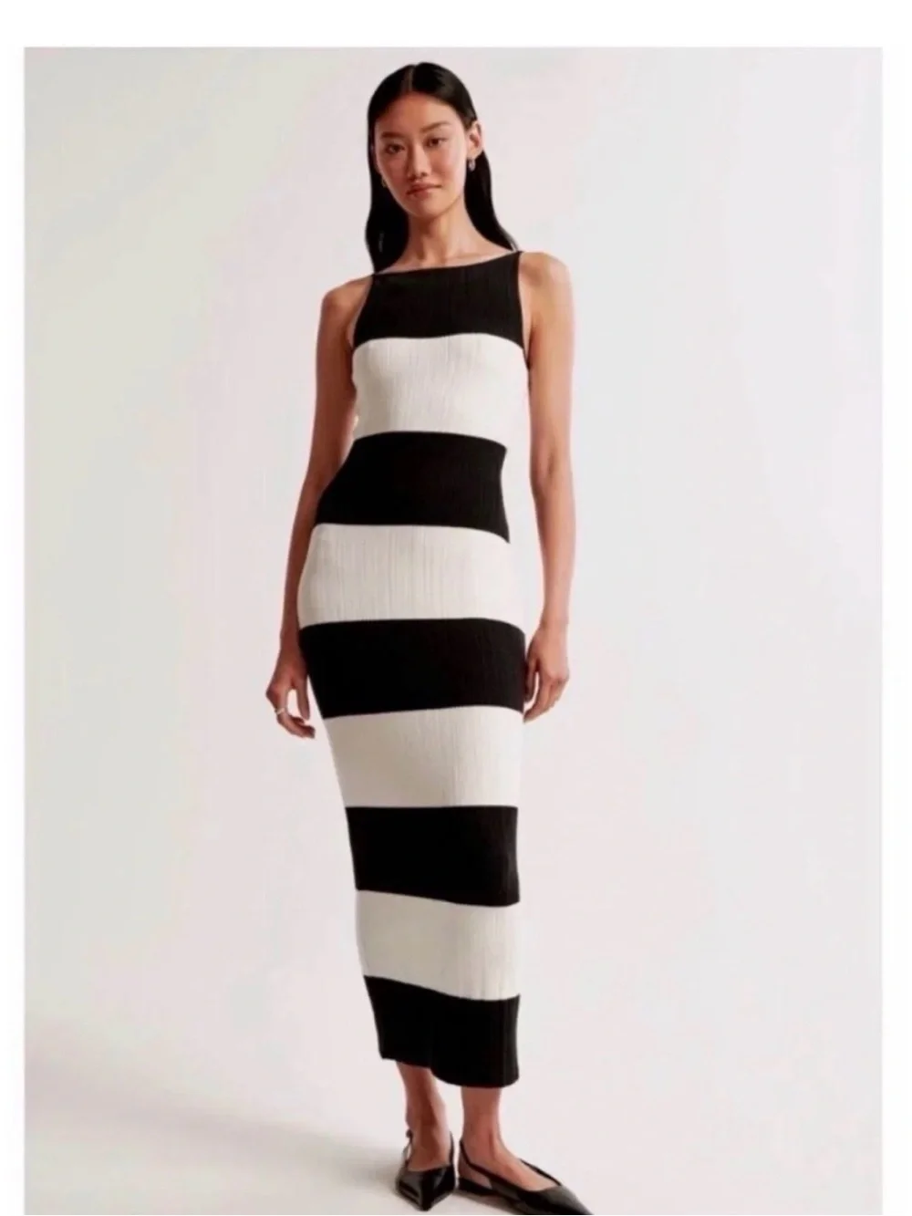 Abercrombie & Fitch Black Cream Striped Ribbed Knit Maxi Dress M NWT